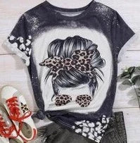 Black Washed Cheetah Messy Bun Tee Small