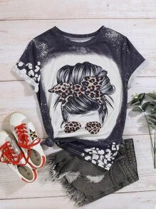 Black Washed Cheetah Messy Bun Tee Medium