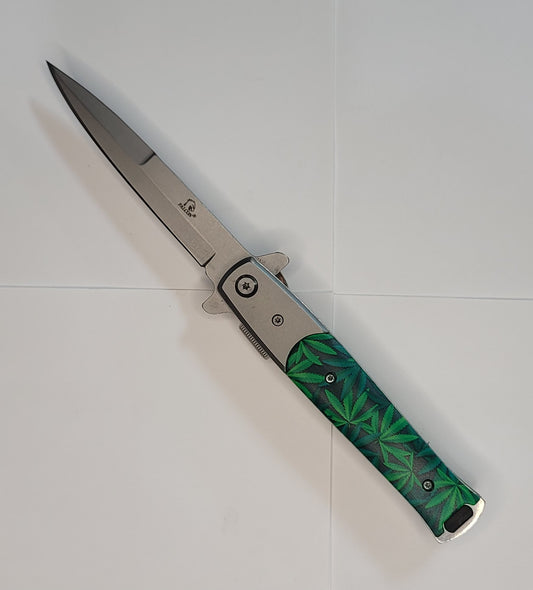 4.75" Stiletto Style Flip Open Folding Pocket Knife - Mary Jane Marijuana Leaf