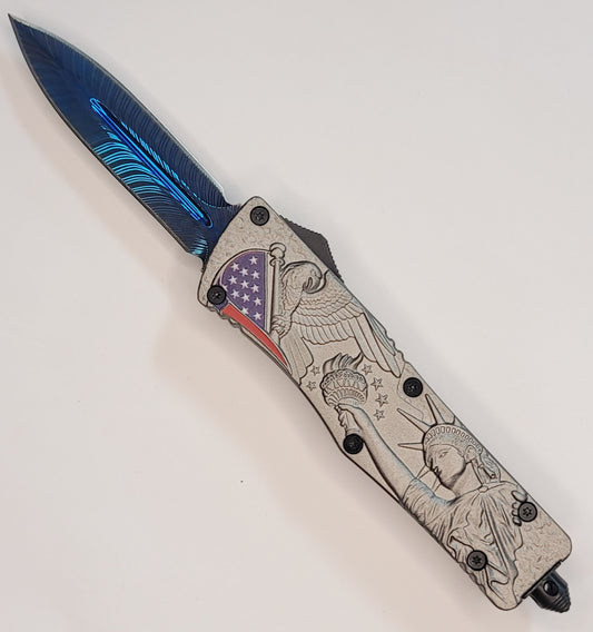 5.5" Raised and Embossed Stainless Steel American Liberty Patriot OTF Automatic Pocket Knife - USA