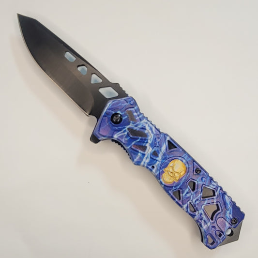 4.75" Skull Folding Pocket Knife - Blue