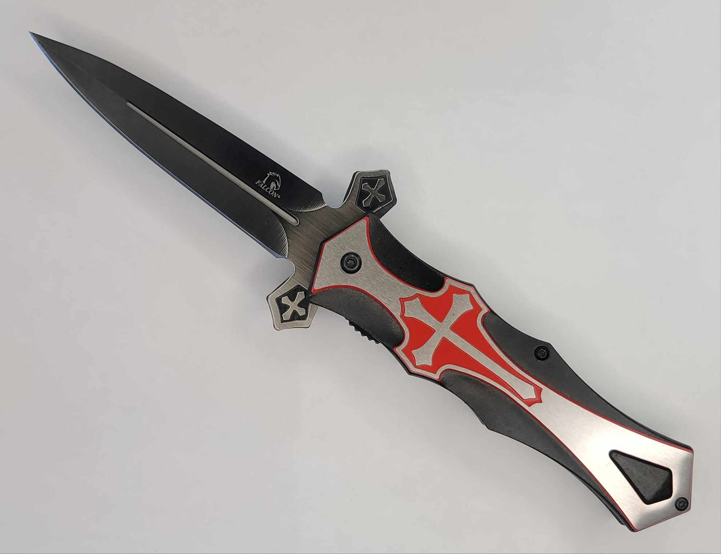 Vampire Slayer Cross Folding Blk N Red Knife 5"