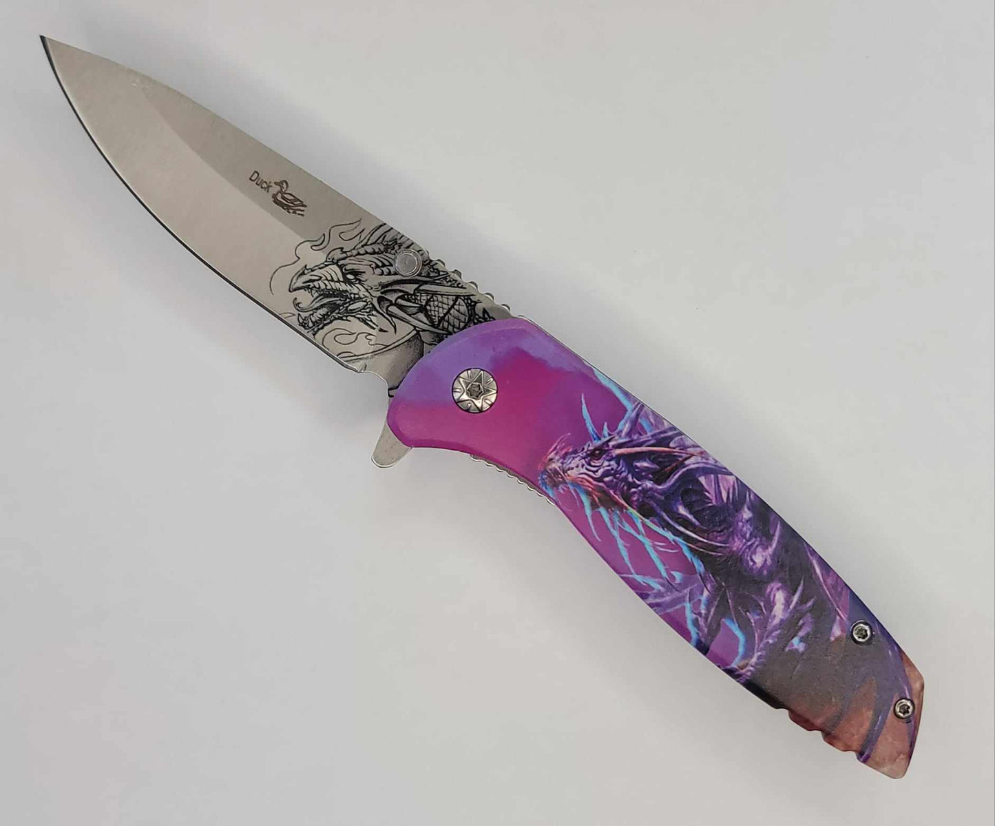 Dragon Laser Etched Blade Knife 4.5" Purple