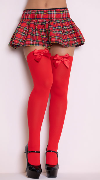 1708 Opaque Thigh Hi with Satin Bow Red