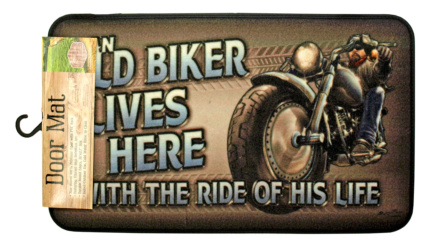 Old Biker Lives Here Door Mat 18x32